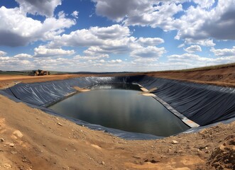 A large, lined water reservoir surrounded by dry terrain under a cloudy sky, with machinery visible in the background.