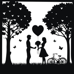 Romantic Silhouette Scene Young Couple Bicycle Heart Balloon Blossoming Trees Butterflies and Love in a Dreamy Black and White Landscape