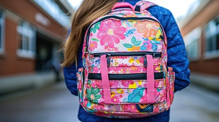 A young student with a colorful floral backpack heading back to the building after school or