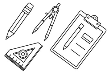 Vector art of drafting tools with pencil, compass, ruler, and clipboard