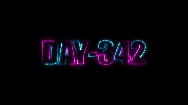 Neon text day-342 animation on black background.calender, text,number, days, date, countdown neon text concept.