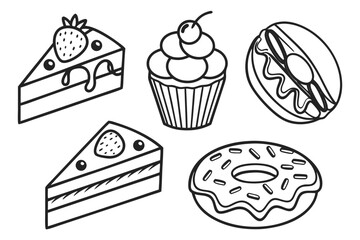 Vector art of various sweet desserts in a line art style