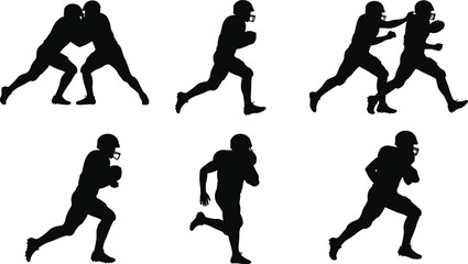 American football players tackling, running, playing, helmets on, aggressive sports action, team competition, athletes in motion, football game, sports silhouette