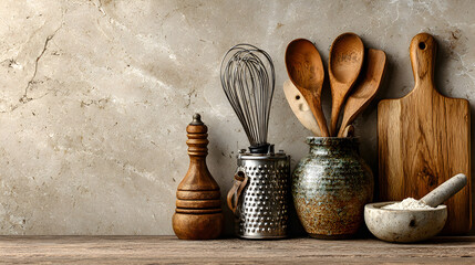 Wooden kitchen utensils and containers arranged on a wooden surface against a textured wall.