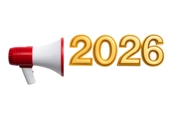 Golden 2026 Announcement with Megaphone for Future Events and Opportunities Shining Brightly Against a Black Backdrop Showcasing Promotion and Excitement
