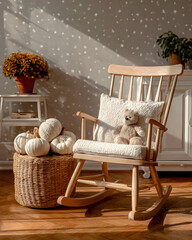 Wooden rocking chair with teddy bear and pumpkins in a room