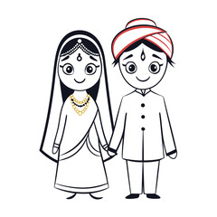 Charming Cartoon Depiction of an Indian Bride and Groom Holding Hands, Celebrating Tradition and Togetherness in a Simple Style