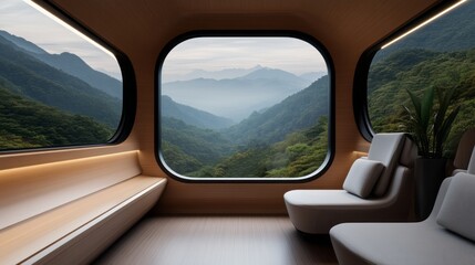 Serene Modern Interior with Expansive Window Overlooking Misty Mountain Landscape at Dawn