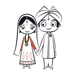 Charming Cartoon Depiction of an Indian Bride and Groom Holding Hands, Celebrating Tradition and Togetherness in a Simple Style