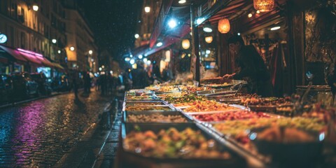 Vibrant urban city street scene at night with colorful illuminated buildings wet pavement reflections bustling nightlife atmosphere and modern architecture