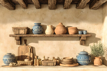 Wooden shelf with pottery, baskets, and kitchen utensils against a beige wall.