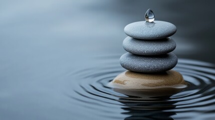 Fototapeta premium Tranquil Zen Garden with Stacked Stones and Water Droplet Reflections in Calm Water