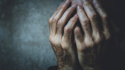 Weathered hands clasped over a face, conveying despair and anguish against a textured background.