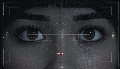 Close-up of a person's face, eyes within a targeting frame