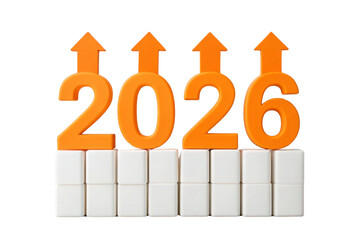 Optimistic outlook for 2026 with orange numbers and upward pointing arrows sitting atop a solid white foundation representing growth and positive trends ahead for the coming year