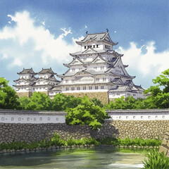 Majestic white Japanese castle with tiered roofs, surrounded by lush green trees and a tranquil moat under a bright blue sky with fluffy clouds.