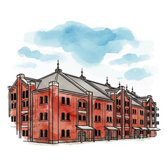 Fototapeta premium Watercolor illustration of a historic red brick warehouse building with a cloudy blue sky overhead.