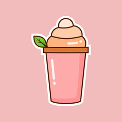 Cute Iced Drink with Whipped Cream and Leaf. Perfect for use in food branding, digital stickers, menu design, beverage packaging, kawaii art