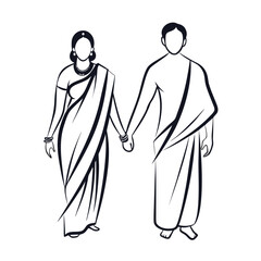 Elegant Indian Couple Holding Hands in Traditional Attire Simple Line Art Depiction Symbolizing Love, Marriage, and Cultural Heritage