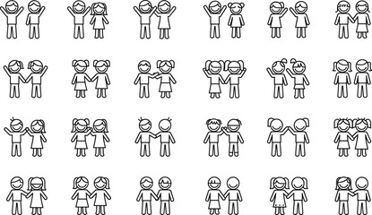 Cute children friendship icon collection, happy kids playing together, boy and girl cartoon character set, outline style vector illustration, childhood fun moments