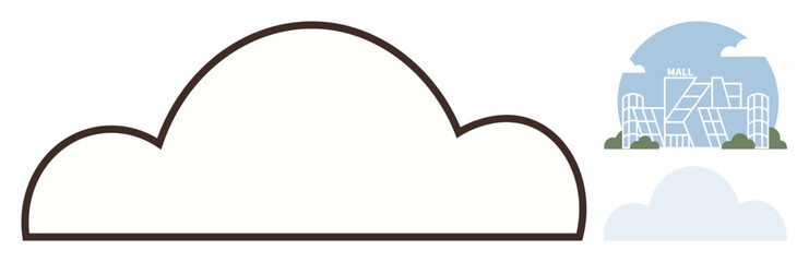 Cloud outline paired with a modern mall in light blue tones, showcasing green landscaping. Ideal for architecture, retail trends, environment-friendly design, urban planning, weather, innovation