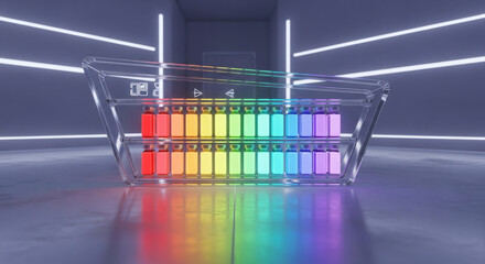 A futuristic LED light installation with colorful panels in a dark room with neon lines.