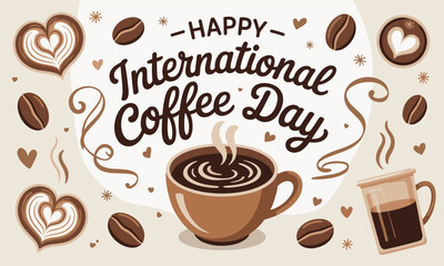 Obraz premium Celebrate International Coffee Day with delicious beverages and tasty coffee bean designs