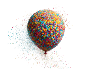 Colorful balloon exploding in a burst of confetti