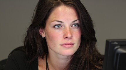 Obraz premium Asian Businesswoman Working at Desk with Professional and Focused Expression, Mid-Shot Portrait on Neutral Background in Clean Corporate Commercial Style 