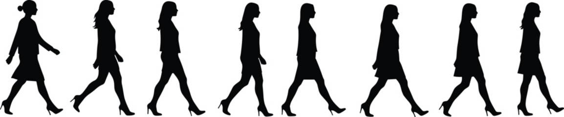 Silhouettes of businesswoman walking in sequence, female character walking animation, woman in motion, professional posture, fashion silhouette, walking cycle illustration, vector art