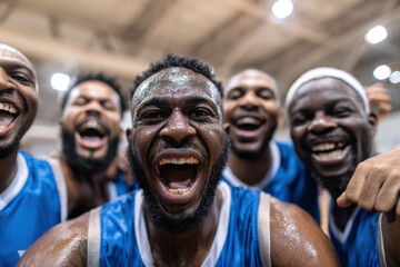 A basketball team celebrating after victory