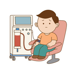 A man is undergoing kidney dialysis, ilustration cartoon on white background
