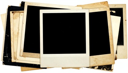 Vintage blank distressed photo frames scattered in overlapping arrangement, showing aged paper, stains, and torn edges with black photo space.