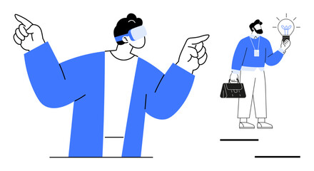 Individual wearing VR headset engaging with immersive technology. Professional with briefcase holding light bulb symbolizing idea generation and innovation. Ideal for technology, innovation