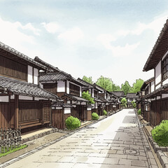 An artistic illustration of a traditional Japanese street, showcasing wooden houses and stone pathway.