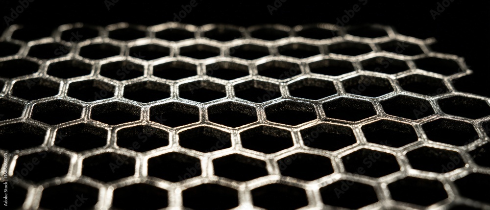 Poster close-up view of a metallic honeycomb grid with detailed hexagonal pattern and textured surface on a