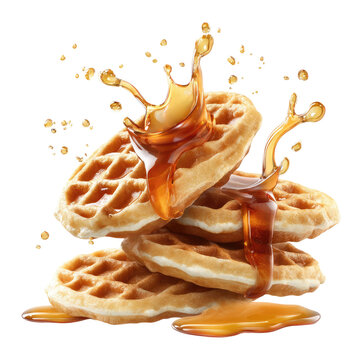Stacked waffles drenched in maple syrup, with splashes
