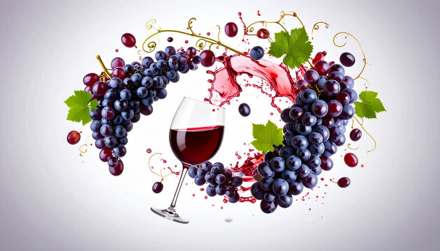 A vibrant glass of red wine with a bunch of grapes and a splash floating on a grey background