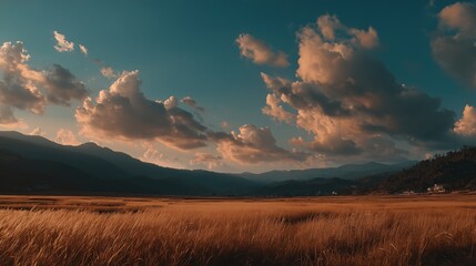 Cinematic View of Vast Golden Rice Fields Under the Autumn Sun, Horizon Stretching into the Distance, Warm and Peaceful Countryside Harvest Atmosphere
