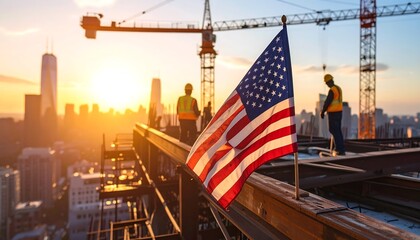 Construction workers on a skyscraper rooftop at sunset overlooking a city