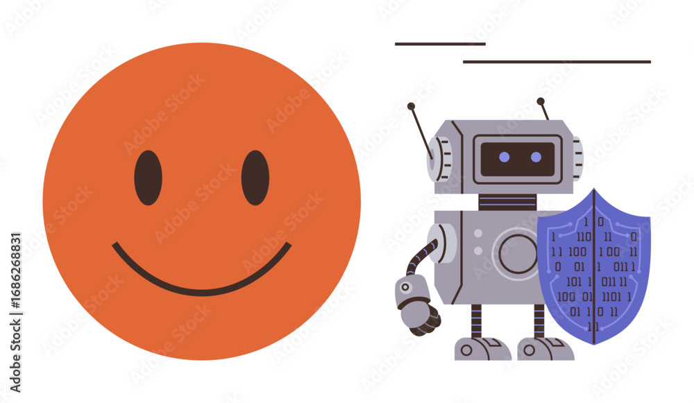 Aufkleber orange smiling face next to a gray robot with a binary-coded shield. ideal for cybersecurity, positi