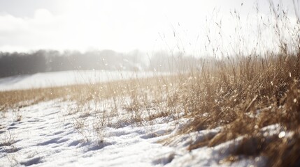 Bright winter landscape with snow covered ground tall dry grass and frozen lake under cloudy sky du daytime