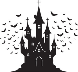  A silhouette of a spooky church-like castle on a hill with bats flying around it
