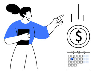 Woman holding tablet pointing at dollar sign with calendar in view, emphasizing time and financial planning. Ideal for finance, productivity, management, planning, goal-setting, scheduling, career