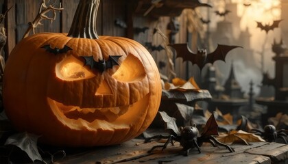 Glowing Halloween Pumpkin with Spooky Decorations and Bats
