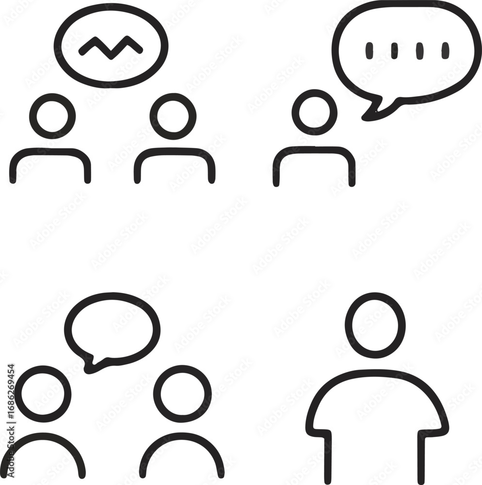 Poster simple line icons representing communication and conversation between people, including speech bubbl