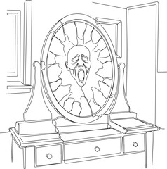  simple line-art drawing of a screaming ghost face in a broken, oval-shaped mirror on a dresser