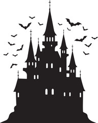 A spooky illustration of a Gothic castle with pointed spires and flying bats in the night sky.