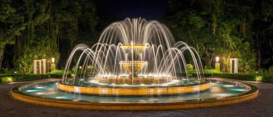 Elegant illuminated outdoor fountain with multiple water jets and surrounding lush greenery at night for scenic landscape design