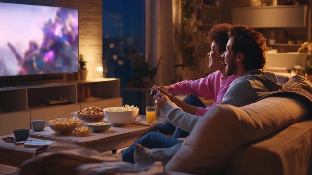 Two friends enjoying a video game together in a cozy living room setting. - Powered by Adobe